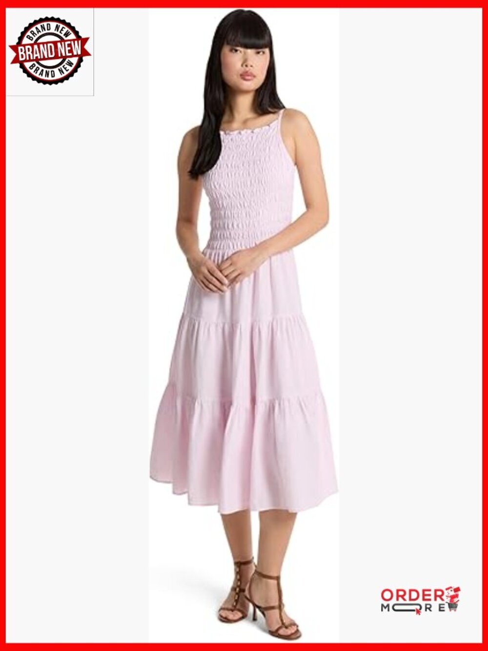 Linen Smocked Midi Dress with Tiered Skirt